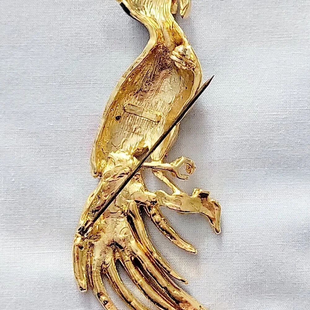 Vintage 1980s Peacock Bird Brooch Gold Tone Enamel Rhinestone Statement Pin - Picture 4 of 5